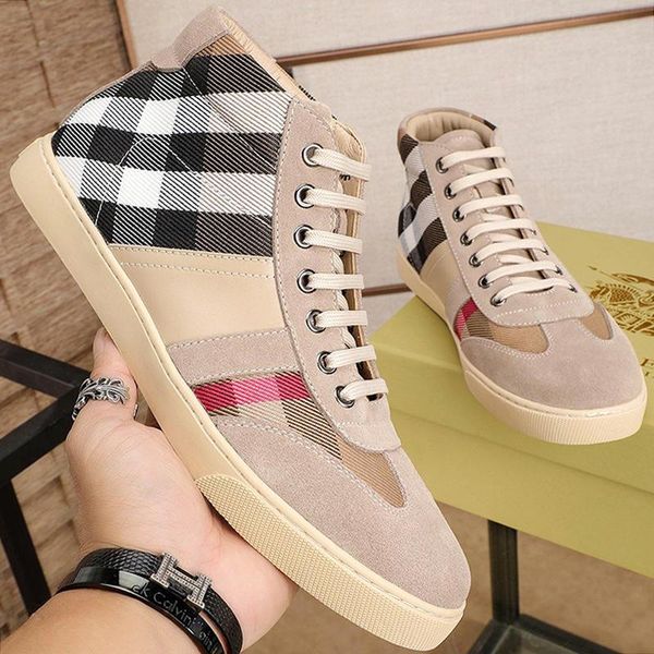 

lightweight men 's shoes high vintage check and leather sneakers breathable sports lace -up fashion casual men shoes, Black