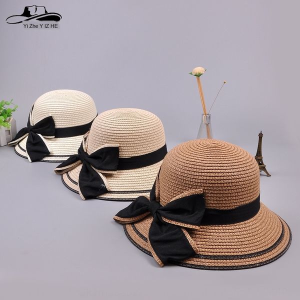 

new baby bucket bucket straw fisherman fisherman summer children's straw bow sun girl princess hat parent-child sun hat, Yellow