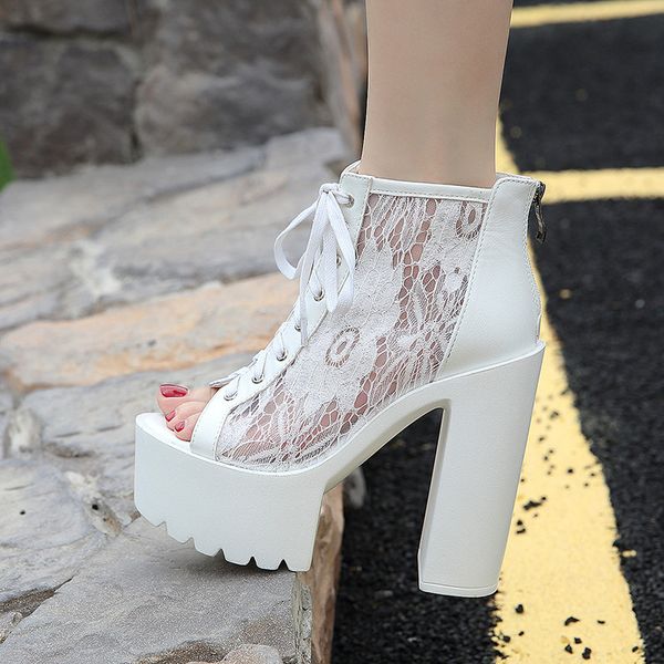 

ymechic 2020 новые кружева женщины платформы ботильоны square high heels zip peep toe sexy пинетки лето осень партии обувь размер 34-40, Black