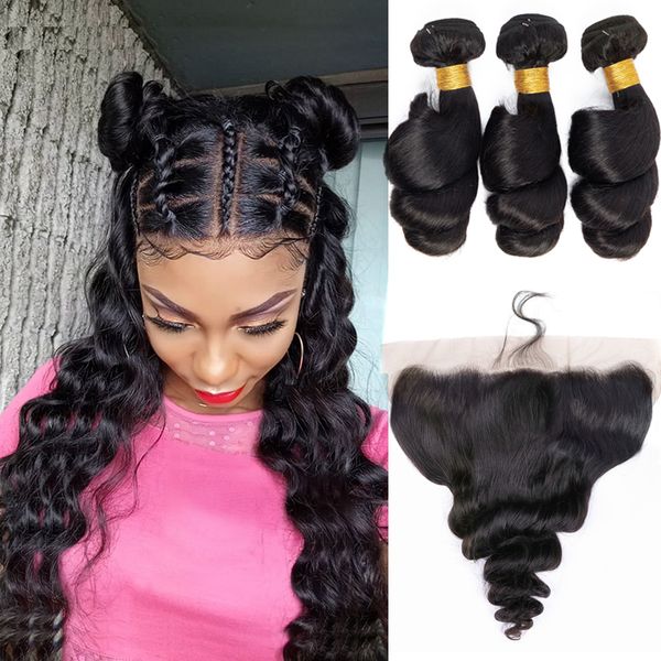 

loose wave brazilian human hair 3 4 bundles with lace frontal closure part 100% virgin hair, Black