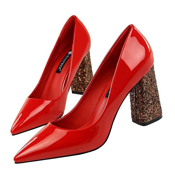

drop shipping women pumps 8.5cm rough high-heeled shoes leather sequins shallow mouth nightclub pointed toe women's shoes, Black