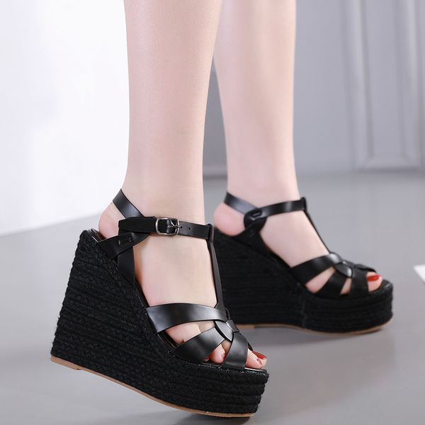

designer sandals ladies wedge sandals knitted straw woven platform shoes luxury women slides size 35 to 40 01d cs02, Black