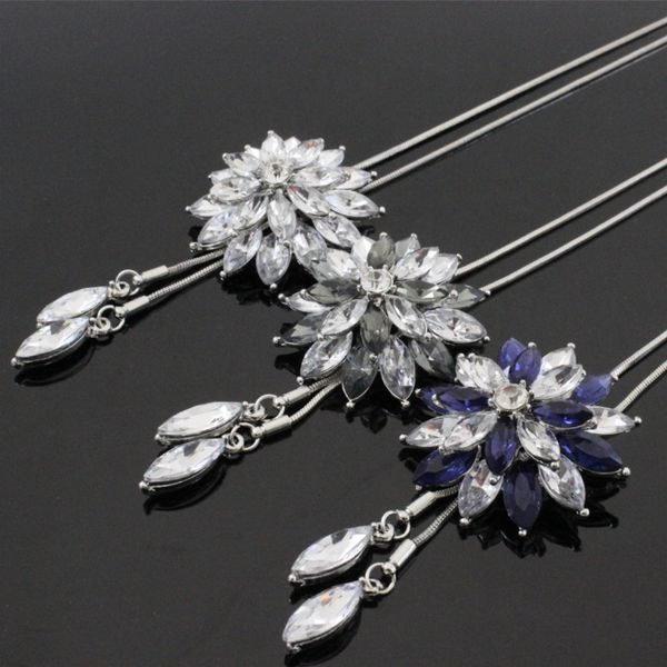 

sweater necklace snow shape pendant white blue gray crystal petal silver color plated metal snake chain women gift