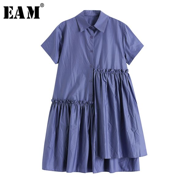 

eam] women purple pleated ruffles irregular shirt dress new lapel short sleeve loose fit fashion tide spring summer 2020 1x745, Black;gray