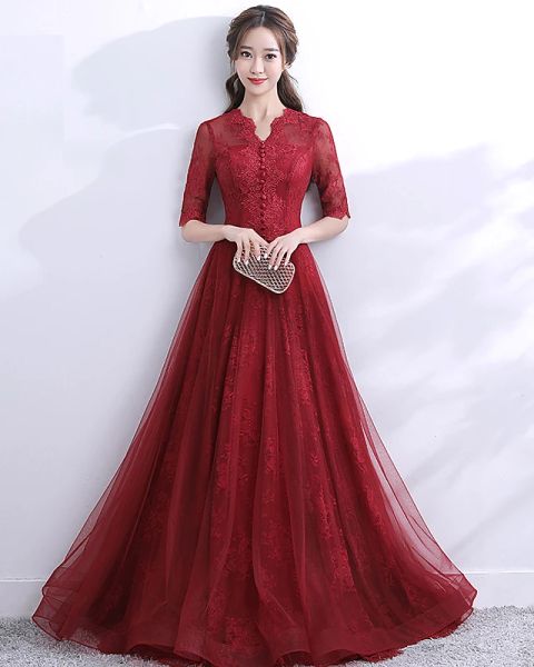

a-line elegant formal evening dress scalloped neckline half sleeve sweep / brush train lace tulle with, Black;red