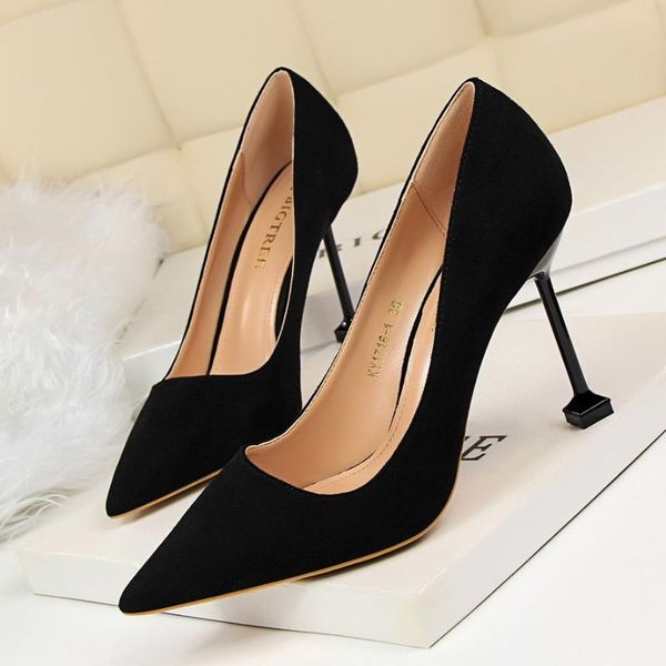 

korean fashion pedicure was thin high heel women's shoes fine heel high suede shallow mouth pointed shoes, Black