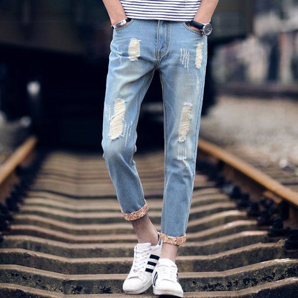 

2020 summer men capri jeans men's teenager with holes pants lace pants men's, Blue