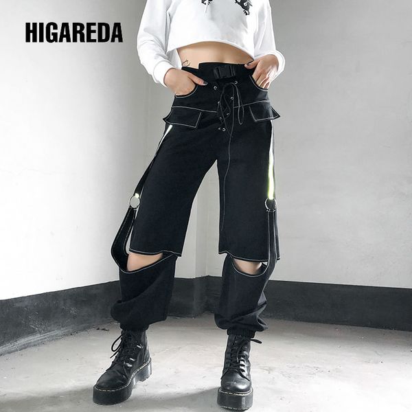 

black high waist cargo pants women harajuku hip hop ladies trousers lace up reflective sweatpants woman streetwear, Black;white