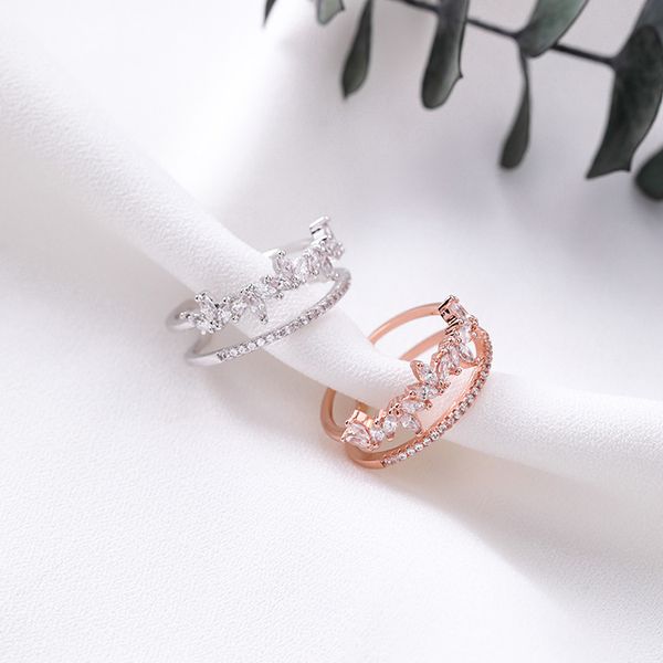 

necklacemengjiqiao новый элегантный лист cz камень hollow двухслойные кольца для женщин мода micro асфальтовая cubic open rings femme bijoux, Silver