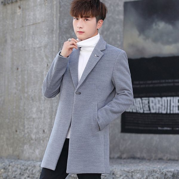 

lapel neck mens wool & blends coats solid color thicken mens outerwear winter man clothing fashion slim fit clothes, Black