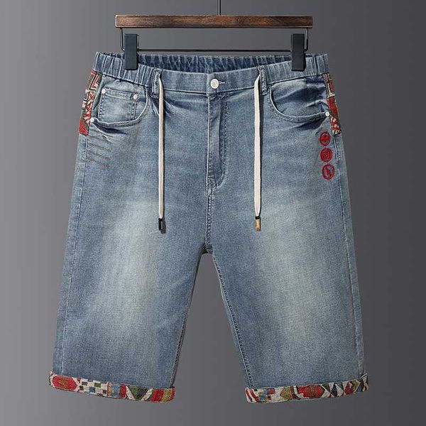 

38-48 summer men's embroidery stretch short jeans fashion casual slim fit bermuda homme cotton denim shorts male large size, Blue