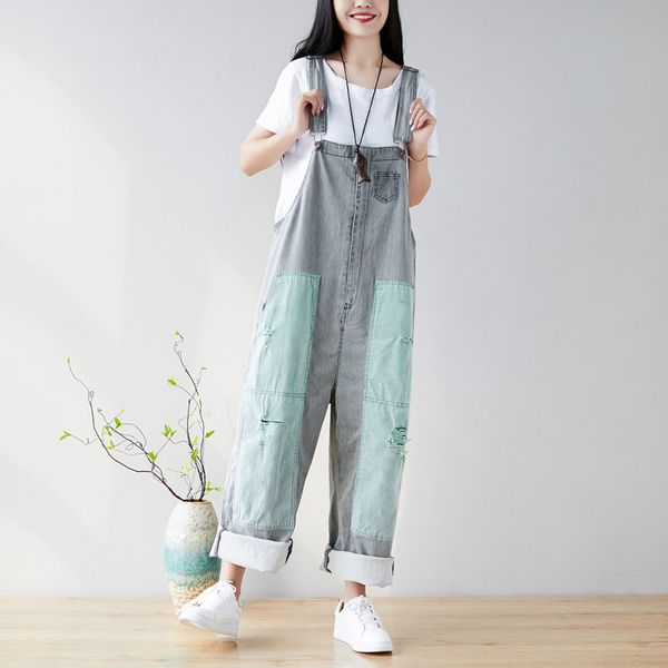 

women patchwork ripped casual jumpsuit pants ladies vintage holes bleached scratched overalls female rompers 2020, Black;white