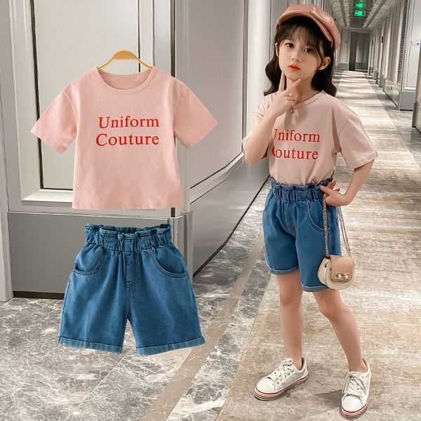 

womens suit summer new korean-style big boy denim high waist shorts printed letter short sleeve suit, White