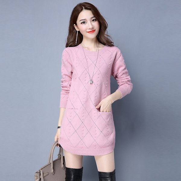 

1euqq 2019 fall/winter new solid color sweater women's korean style mid-length round neck long sweater pullover sleeve slim pullover kn, White
