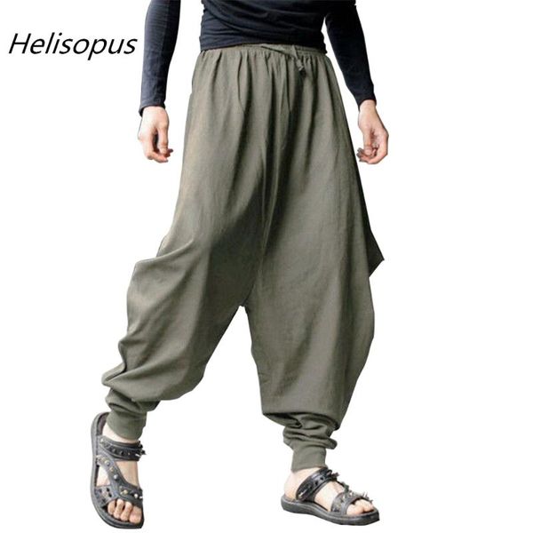 

helisopus men's low drop crotch loose harem baggy pants japanese samurai style cotton trousers, Black