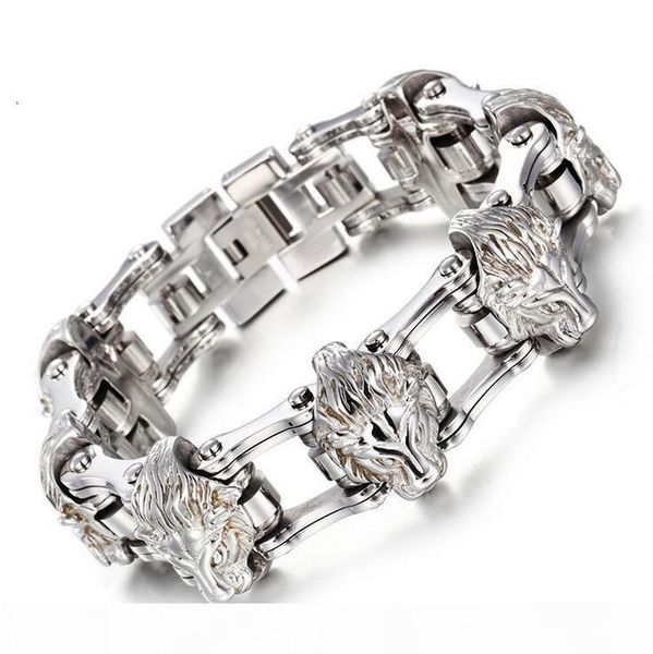 

cool punk rock wolf lion head heavy stainless steel men bracelet fashion bicycle biker chain jewelry jewellery gifts, Golden;silver
