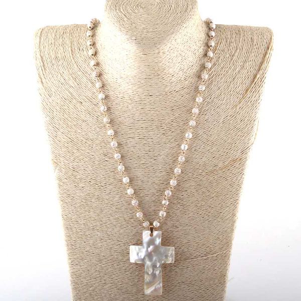 

fashion bohemian tribal jewelry 6mm white stone rosary chain shell pendant necklaces for women ethnic necklace, Silver