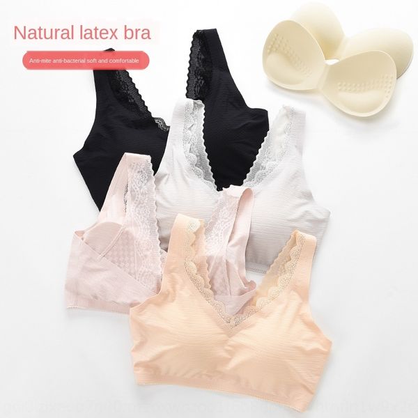 

summer new thailand latex underwear with seamless underwear lace vest back and no steel ring lace sleeping bra chest wrap sports vest, White