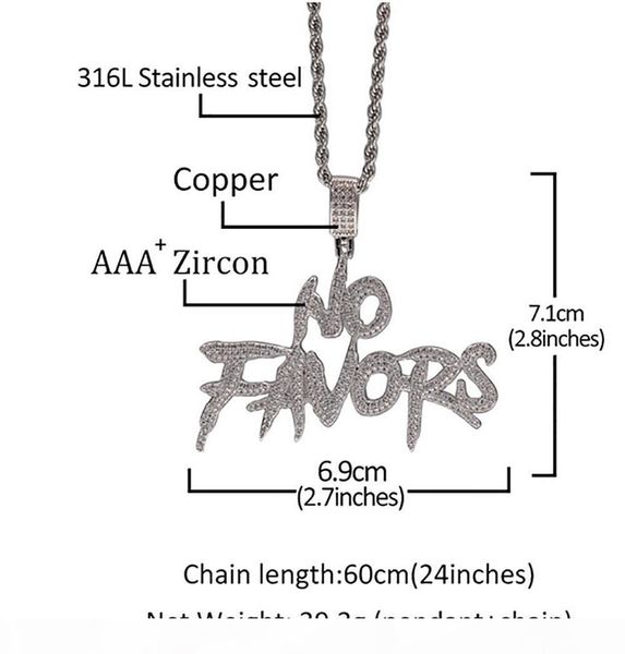 

r 14k iced out no favors pendant necklace bling micro pave cubic zirconia simulated diamonds letters 3mm 24inch rope chain, Silver