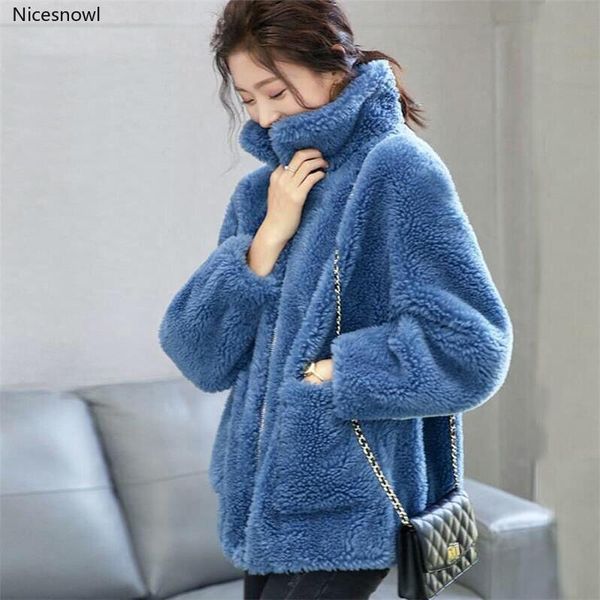 

women's wool & blends 2021 women autumn winter woolen coat turn-down collar short oversize warm outwear female jacket elegant overcoats, Black