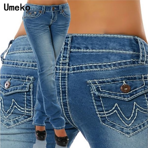 

new fashion 2020 plus size jeans woman skinny pockets distressed black ladies pencil jeans pants female trousers, Blue