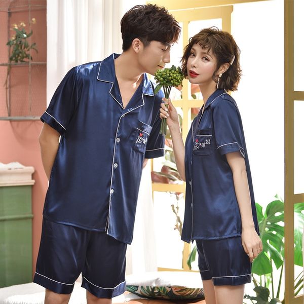 

couple's ice silk women's short-sleeved cardigan thin style men's 2020 pajamas pajamas new home wear two-piece suit, Blue;red