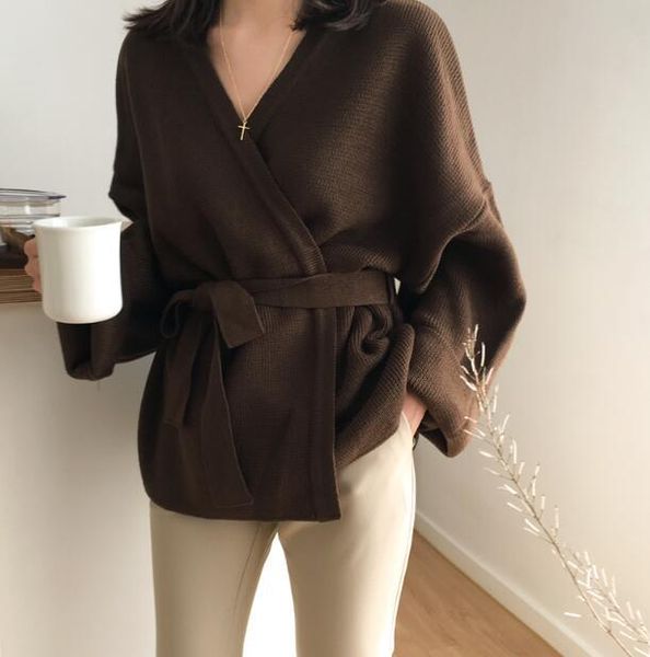 

2020 new v neck wild kitted cardigans women korean loose lace up pull femme autumn winter thick sweater coat, White;black