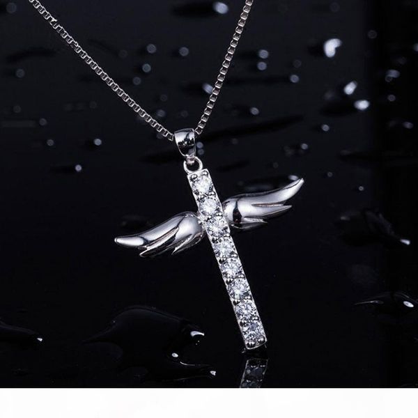 

silver full diamond cross angel wing pendant necklace fashion simple japanese and korean style jewelry