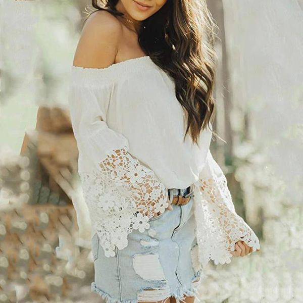 

women's blouse women fashion cutout white lace stitching off shoulder flared long sleeves blouse lace blusas mujer de moda 2020