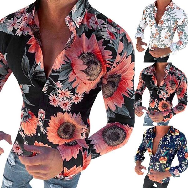 

stylish men autumn long sleeve 3d floral print button down cotton slim shirt, White;black