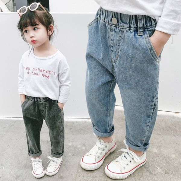 

2020 брюки и джинсы весной новые детские брюки корейских мальчиков и девочек стиль нейтральный случайный свободный чистый цвет джинсы мода, Blue