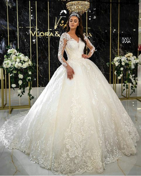 Abiti da sposa Maniche lunghe Principessa Gonfi Abiti da ballo da sposa Maniche lunghe Principessa Appliques in pizzo Abiti da sposa Petites Taglie forti