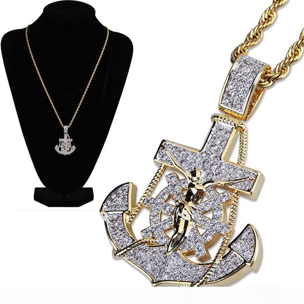 

новый 18k позолоченный iced out cublic цирконий vintage anchor ожерелье twist цепи 2 цвета hip hop punkrock ювелирные подарки для парней, Silver