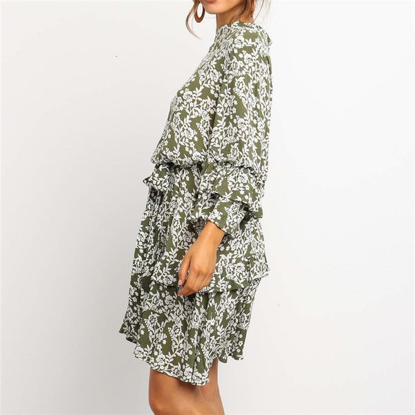 

womens armygreen floral print dress autumn 3 4 sleeve ruffles boho beach chiffon mini dresses stand collar sashes casual dress, Black;gray