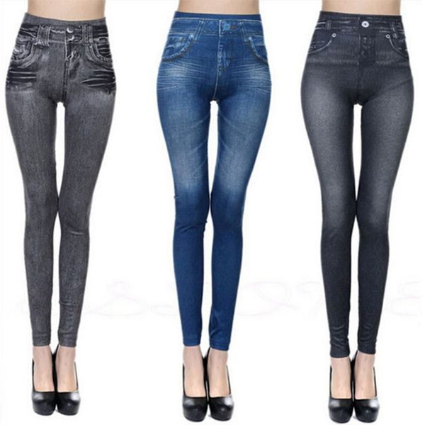 

fashion slim women leggings faux denim pants leggins long pocket casual pencil pants push up elastic jeggings, Black