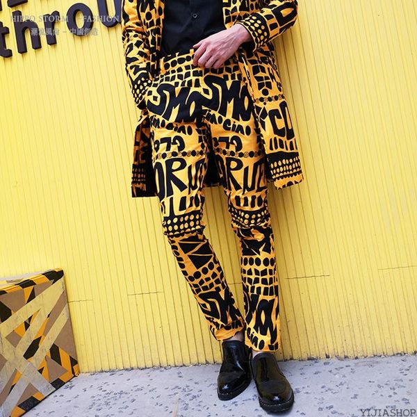 

new men's fashion yellow alphabet floral suit pants hip-hop nightclub stage singer male casual pants singer stage costume, White;black
