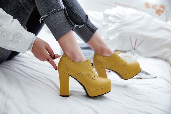 

us4-12 womens lace up oxfords block high heels wingtip pumps brogues platform retro shoes 4colors plus size, Black