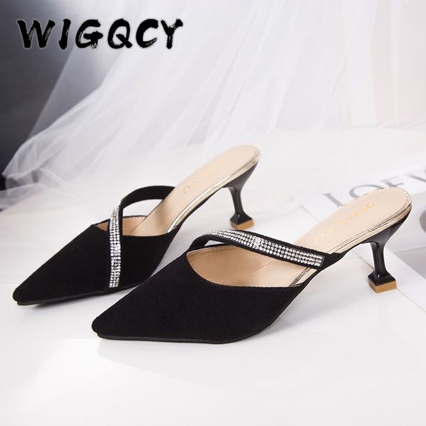 

rhinestone high heels pointed mules new summer shoes woman fashion riband thin heels slippers elegant slip-on sweet party shoes, Black