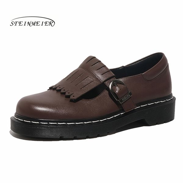 

women flat shoes 2020 genuine leather sneakers round toe flats platform brogues ladies autumn woman gladiator flat shoes, Black