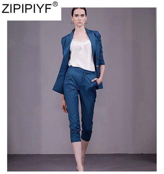 

2020 autumn women pant suits casual slim female turn down collar long sleeve blazer & calf-length pant suit c2596, Gray