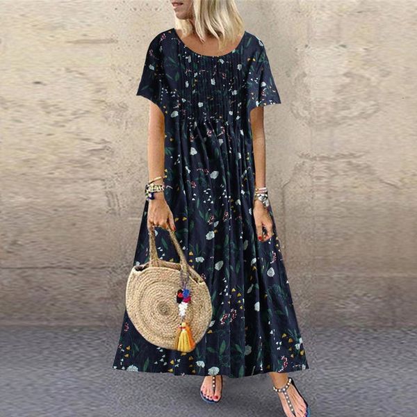 

vintage maxi dress women pleated leaves floral print short sleeve loose long dresses plus size boho dress robe femme vestidos, Black;gray