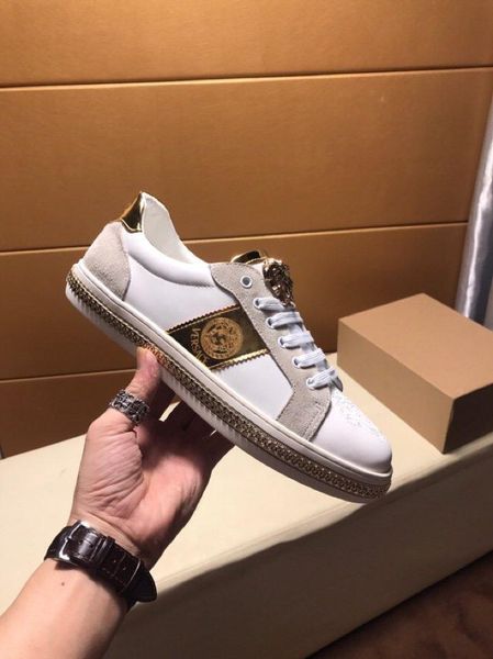 

2020y high-end medusa embroidery and color matching men's leather casual low-sneakers, large size fashion lace-up sneakers, size: 3, Black