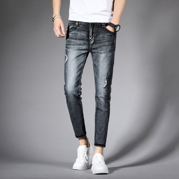 

2020 men's new fashion hip hop clothing pants slim 9 cropped jeans, Blue