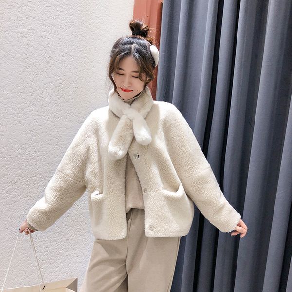 

fur coat round neck short fur coat composite sheep shearing creamy white loose, comfortable and warm casual elegant women's, Black