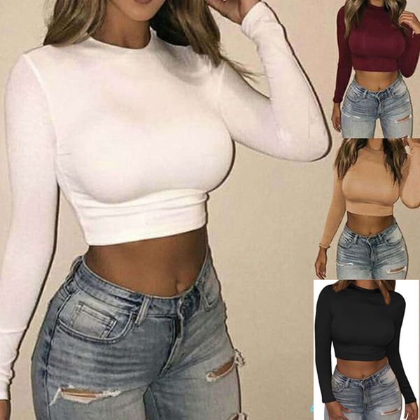 

women's t-shirt 6 color women short t-shirts fashion long sleeve autumn female basic tees silm solid exposed belly button, White