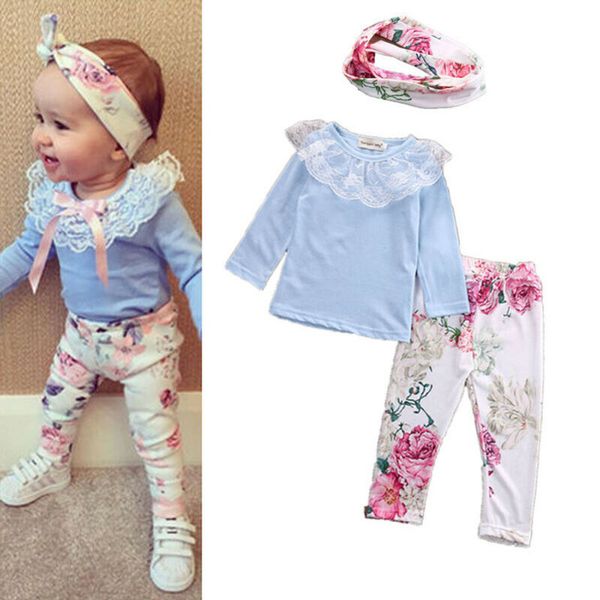 

clothing sets 2021 autumn baby girl clothes 3pcs headband+t-shirt+floral pants flower band t-shirt 3piece suite, White