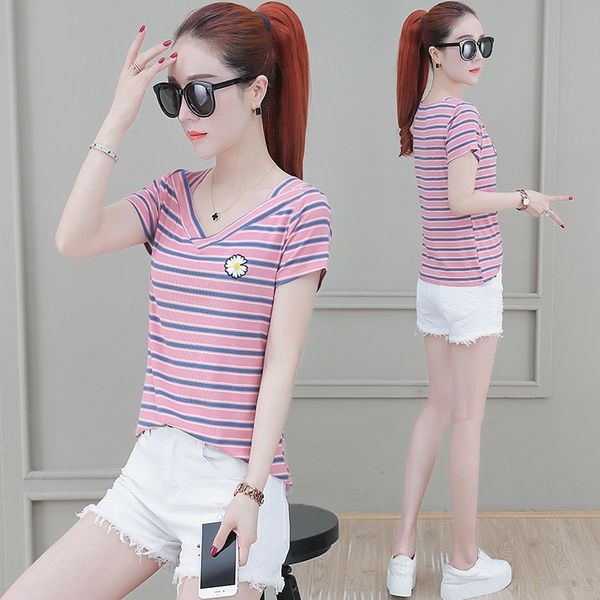 

short-sleeved women's clothing 2020 summer new daisy v-neck short close striped t- t- shirt base shirt top, White