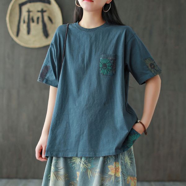 

johnature women vintage cotton t-shirt pockets 2020 new summer o-neck short sleeve solid color female print floral loose t-shirt, White