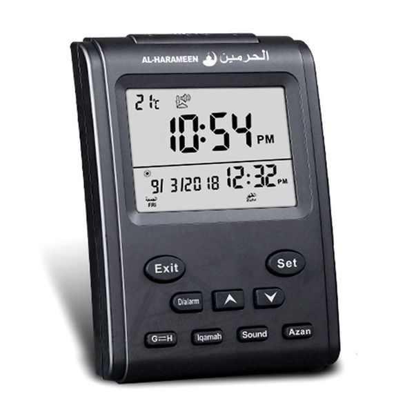 

azan clock for muslim with prayer alarm qiblah and hijri calendar al harmeen fajr time islam table clock t200502, Slivery;golden