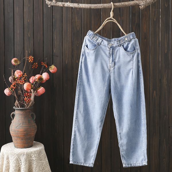 

2020 summer new 200kg fat mm plus plus size women's slim tencel denim cropped 2020 capri pants summer capri pants pants, Blue